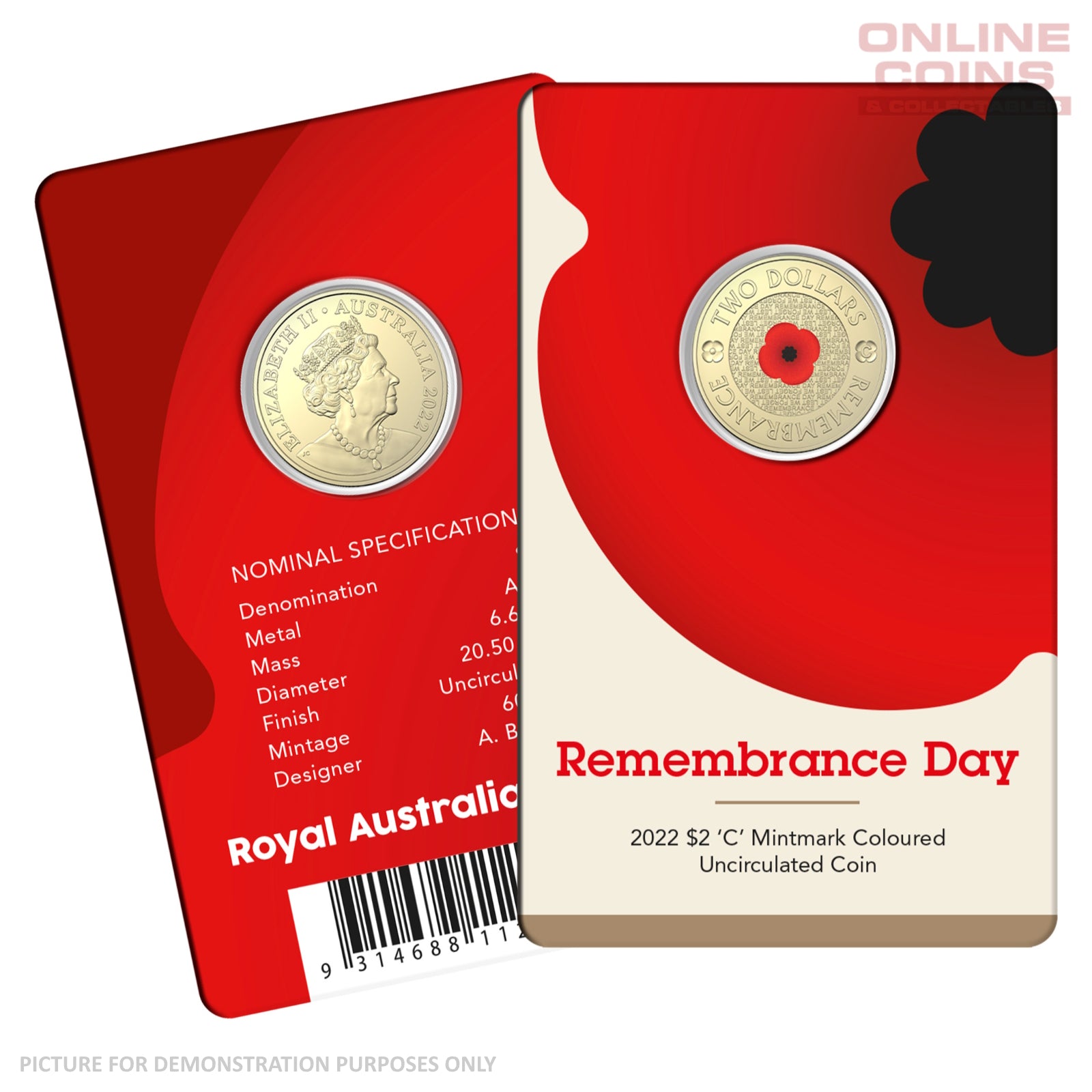 2022 $2 AlBr C Mintmark Coloured Uncirculated Carded Coin – Remembrance Day